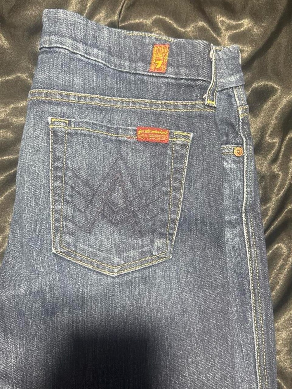 7 For All Mankind Dark Blue Denim Straight Jeans with A Pocket Stitch Design